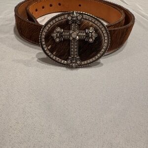 Brown Hair-On-Hide Men’s Belt with Ornate Cross Buckle